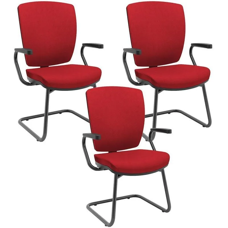 Kit 3 Cadeiras Escritório Fixa Executiva Office Preto Slim Alta Flexi P03 Poliéster Vermelho - Lyam