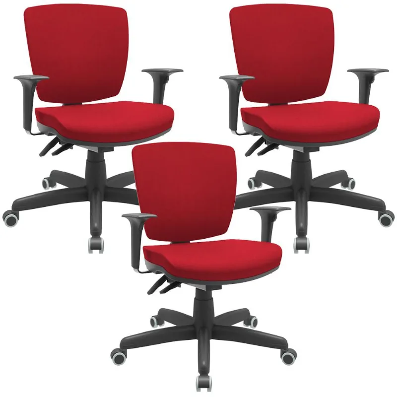 Kit 03 Cadeiras de Escritório Executiva Giratória Preto Baixa Flexi P03 Poliéster Vermelho - Lyam - Lyam Decor