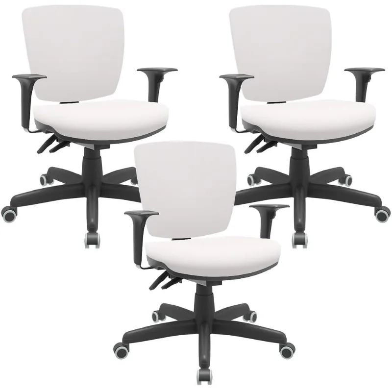 Kit 03 Cadeiras de Escritório Executiva Office Giratória Preto Baixa Flexi P03 Vinil Branco - Lyam