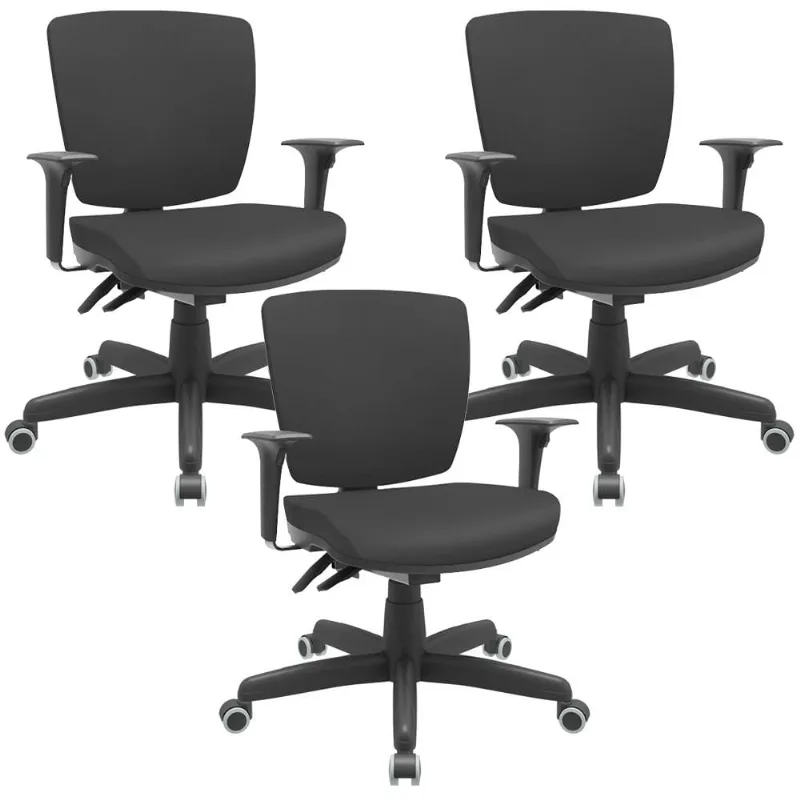 Kit 03 Cadeiras de Escritório Executiva Office Giratória Preto Baixa Flexi P03 Vinil Preto - Lyam - Lyam Decor