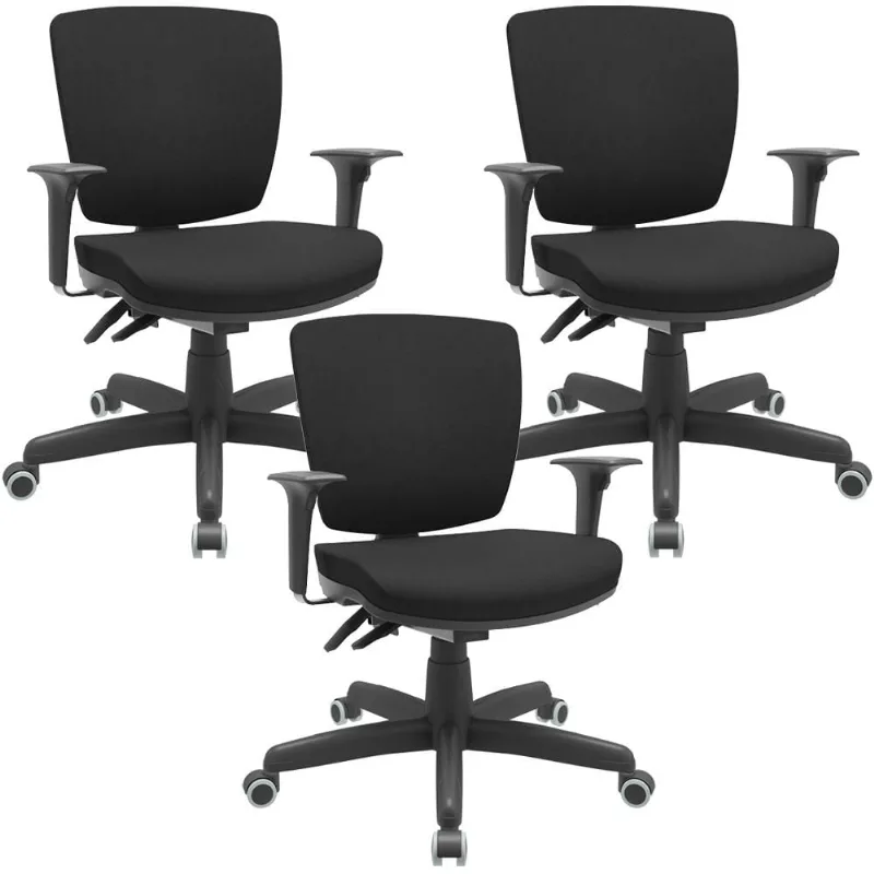 Kit 03 Cadeiras Escritório Executiva Office Giratória Preto Baixa Flexi P03 Poliéster Preto - Lyam