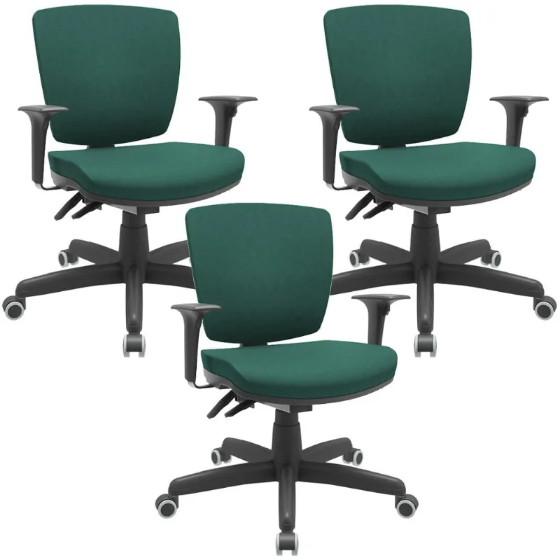 Kit 03 Cadeiras Escritório Executiva Office Giratória Preto Baixa Flexi P03 Poliéster Verde - Lyam