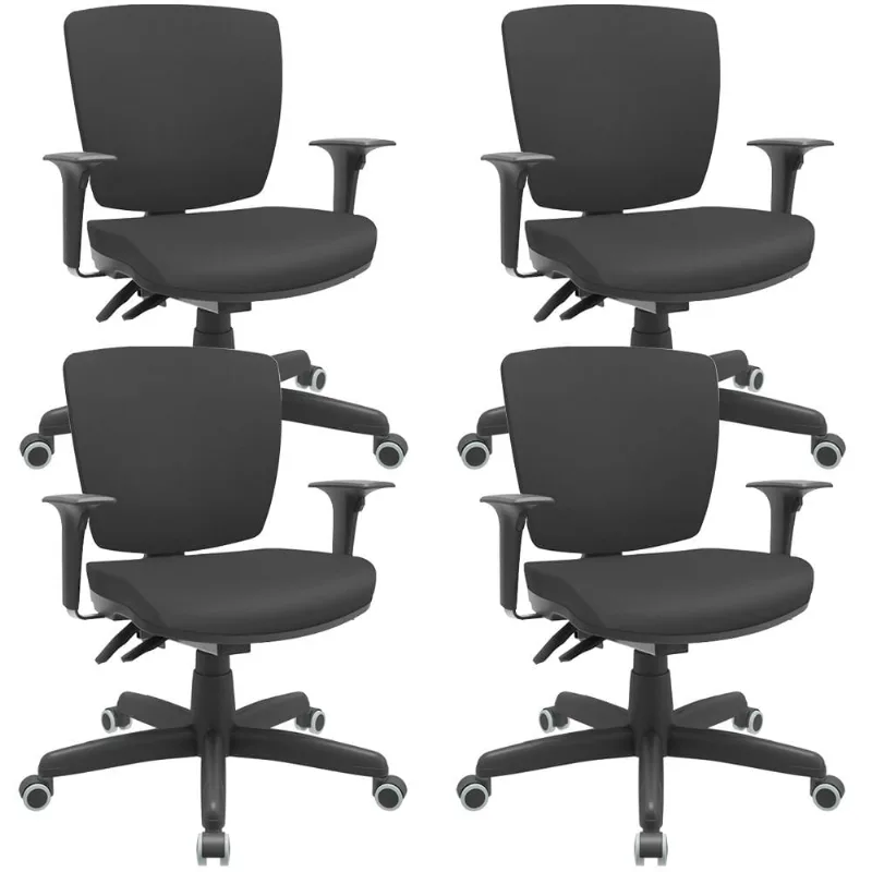 Kit 04 Cadeiras de Escritório Executiva Office Giratória Preto Baixa Flexi P03 Vinil Preto - Lyam - Lyam Decor