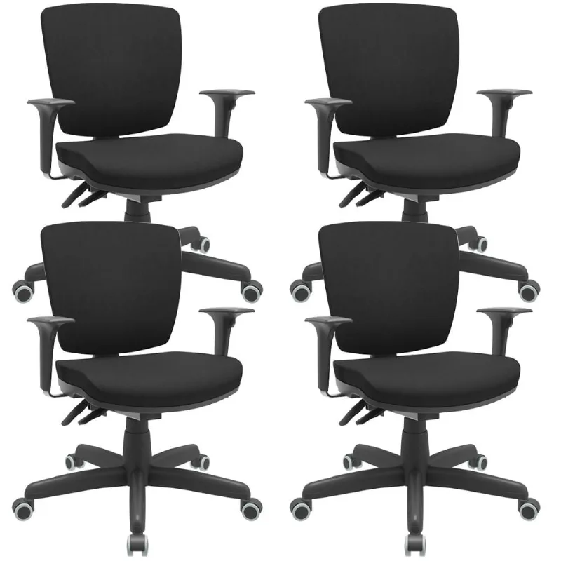 Kit 04 Cadeiras Escritório Executiva Office Giratória Preto Baixa Flexi P03 Poliéster Preto - Lyam - Lyam Decor