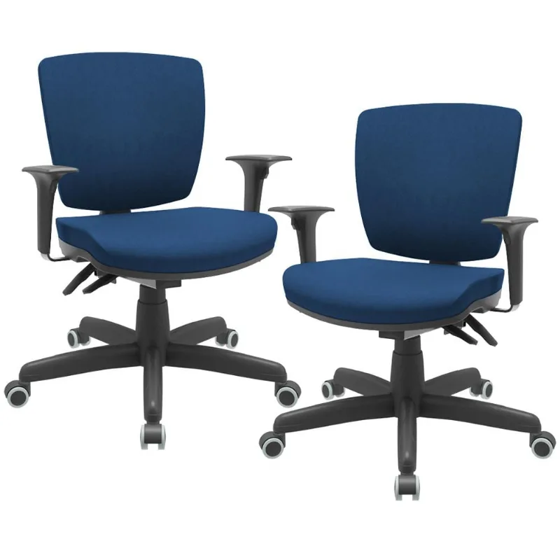Kit 2 Cadeiras de Escritório Executiva Office Giratória Preto Baixa Flexi P03 Poliéster Azul - Lyam