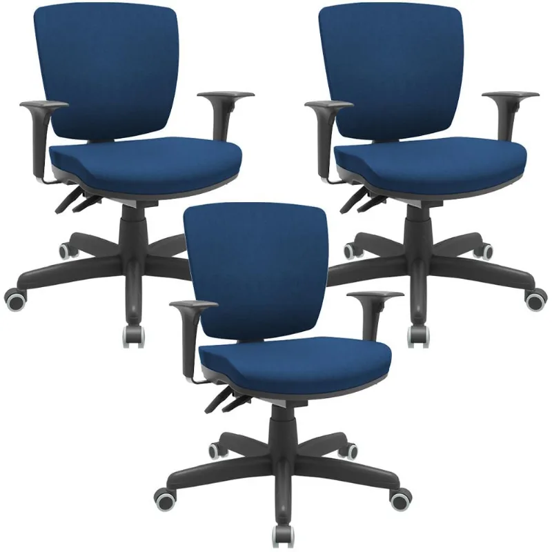 Kit 3 Cadeiras de Escritório Executiva Office Giratória Preto Baixa Flexi P03 Poliéster Azul - Lyam