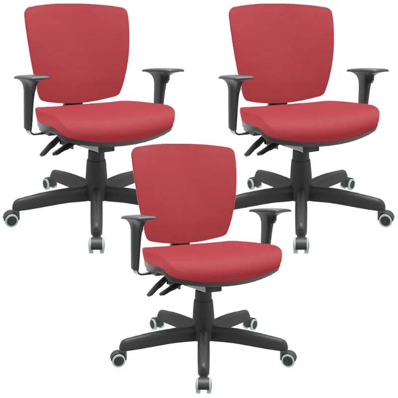 Kit 3 Cadeiras de Escritório Executiva Office Giratória Preto Baixa Flexi P03 Vinil Vermelho - Lyam - Lyam Decor