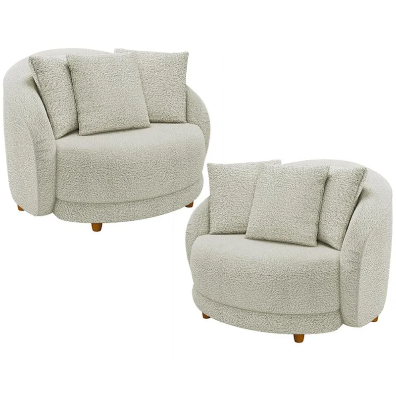 Kit 02 Poltronas Decorativa Sala De Estar Base Fixa De Madeira Witta M03 Bouclê Bege Claro - Lyam Decor - Lyam Decor
