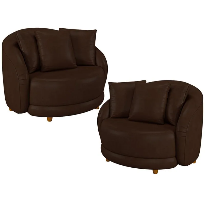 Kit 02 Poltronas Decorativa Sala De Estar Base Fixa De Madeira Witta M03 Corano Marrom - Lyam Decor - Lyam Decor