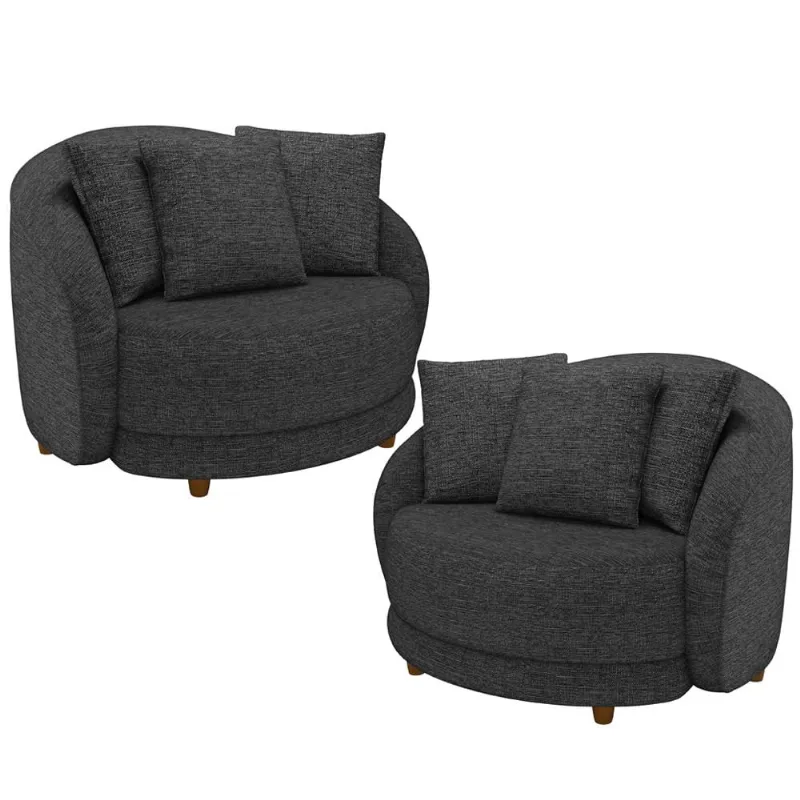 Kit 02 Poltronas Decorativa Sala De Estar Base Fixa De Madeira Witta M03 Linho Chumbo - Lyam Decor - Lyam Decor