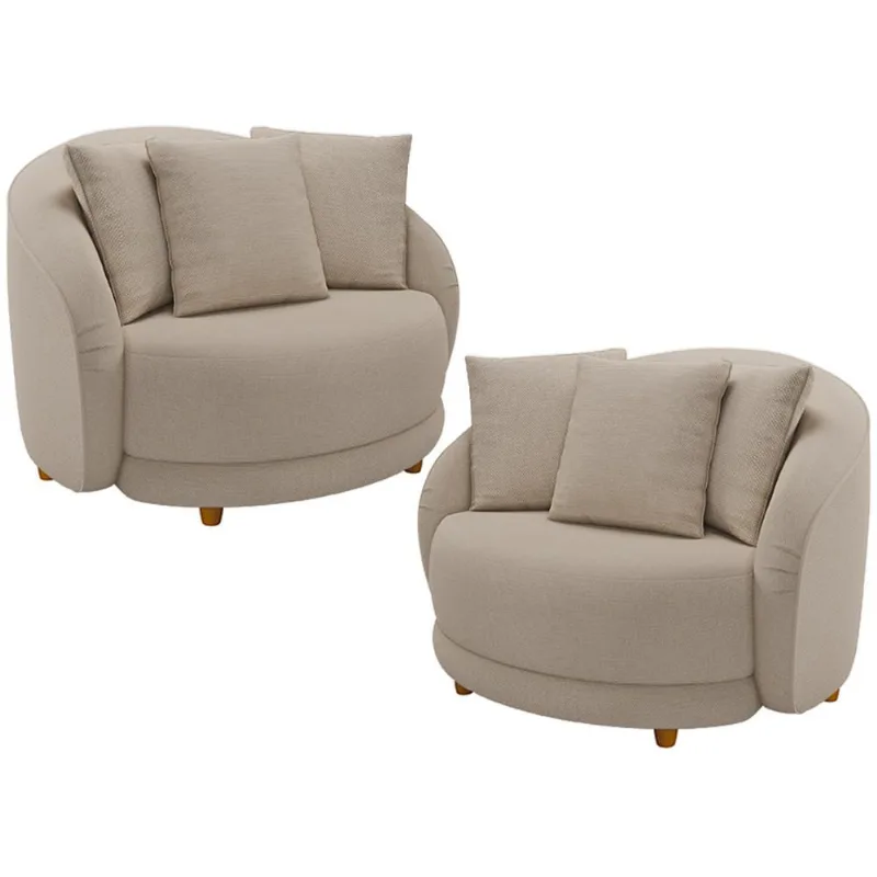 Kit 02 Poltronas Decorativa Sala De Estar Base Fixa De Madeira Witta M03 Linho Cru - Lyam Decor - Lyam Decor