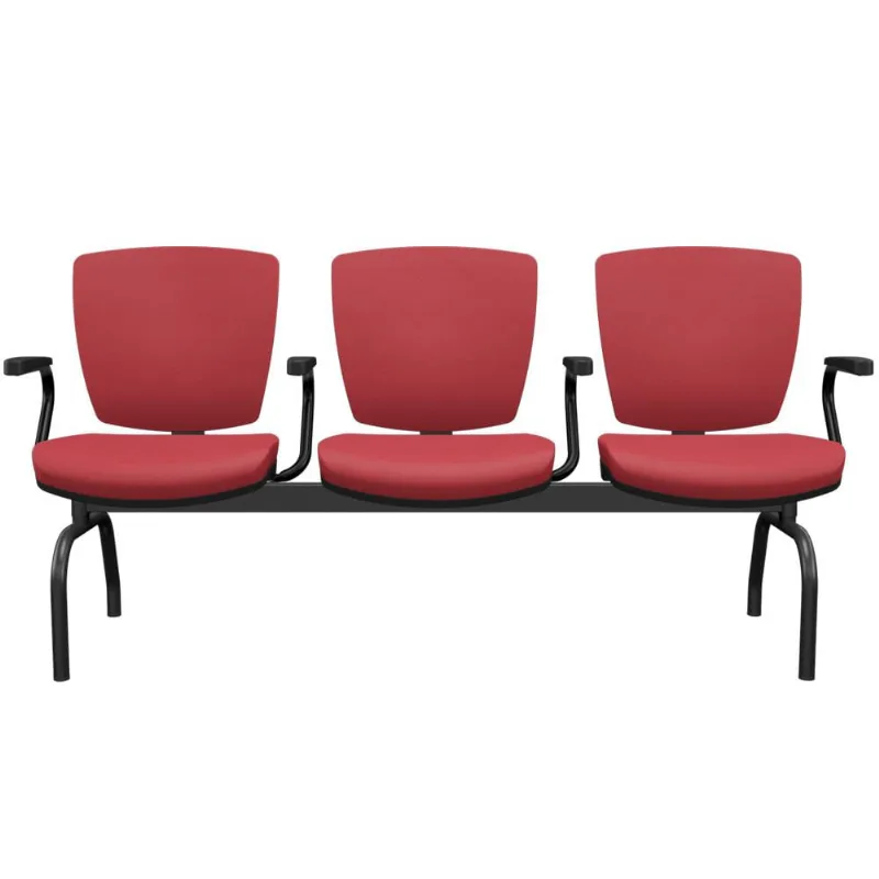 Cadeira Longarina 3 Lugares Aeroporto Recepção Preto Baixa Flexi P03 Vinil Vermelho - Lyam - Lyam Decor