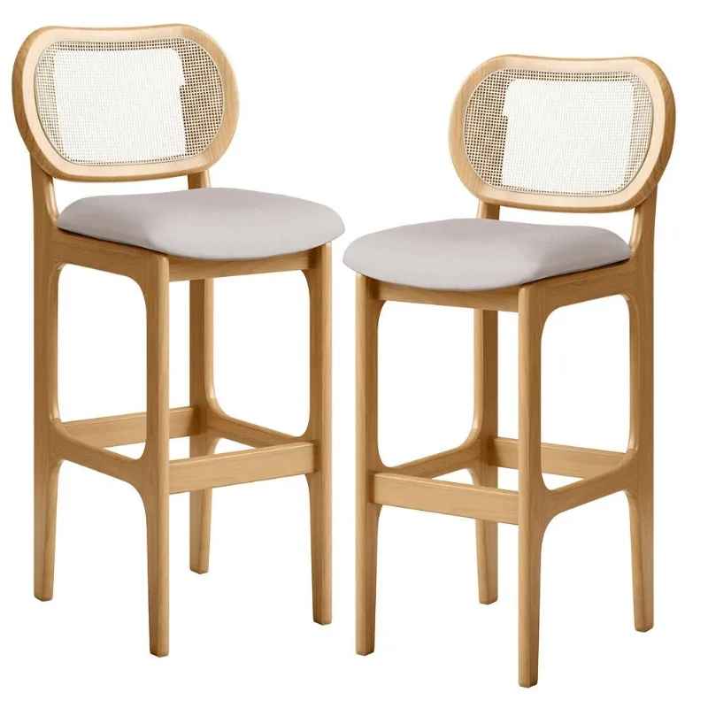 Kit 02 Banquetas Altas Para Cozinha Bancada Sala Tela Betta Fixa L02 Linho Bege - Lyam - Lyam Decor