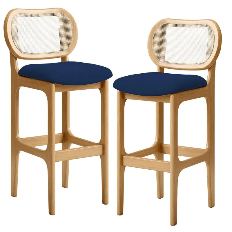 Kit 02 Banquetas Altas Para Cozinha Bancada Sala Tela Betta Fixa L02 Suede Azul Marinho - Lyam - Lyam Decor