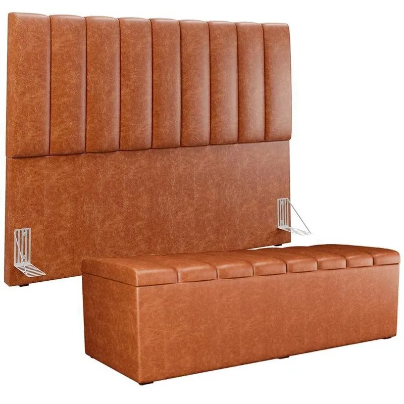 Kit Cabeceira Cama Box Casal King 195cm Com Calçadeira Baú Dália W01 Couríssimo Camel - Lyam