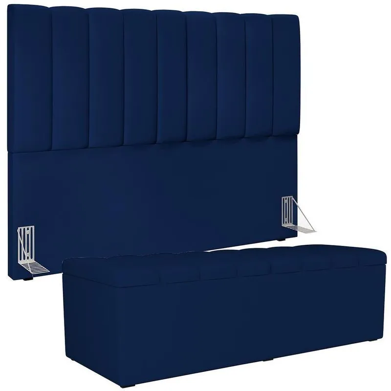 Kit Cabeceira Cama Box Casal King 195cm Com Calçadeira Baú Dália W01 Facto Azul Marinho - Lyam