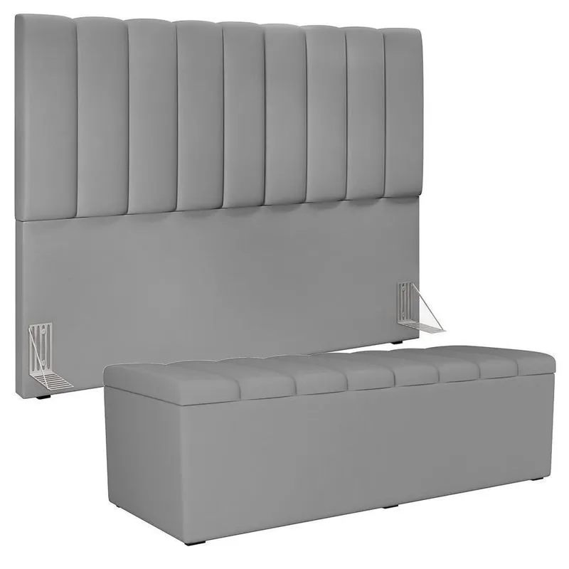 Kit Cabeceira Cama Box Casal King 195cm Com Calçadeira Baú Dália W01 Facto Cinza - Lyam