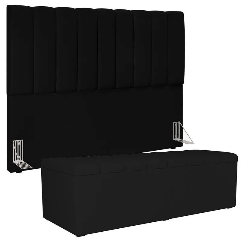 Kit Cabeceira Cama Box Casal King 195cm Com Calçadeira Baú Dália W01 Facto Preto - Lyam