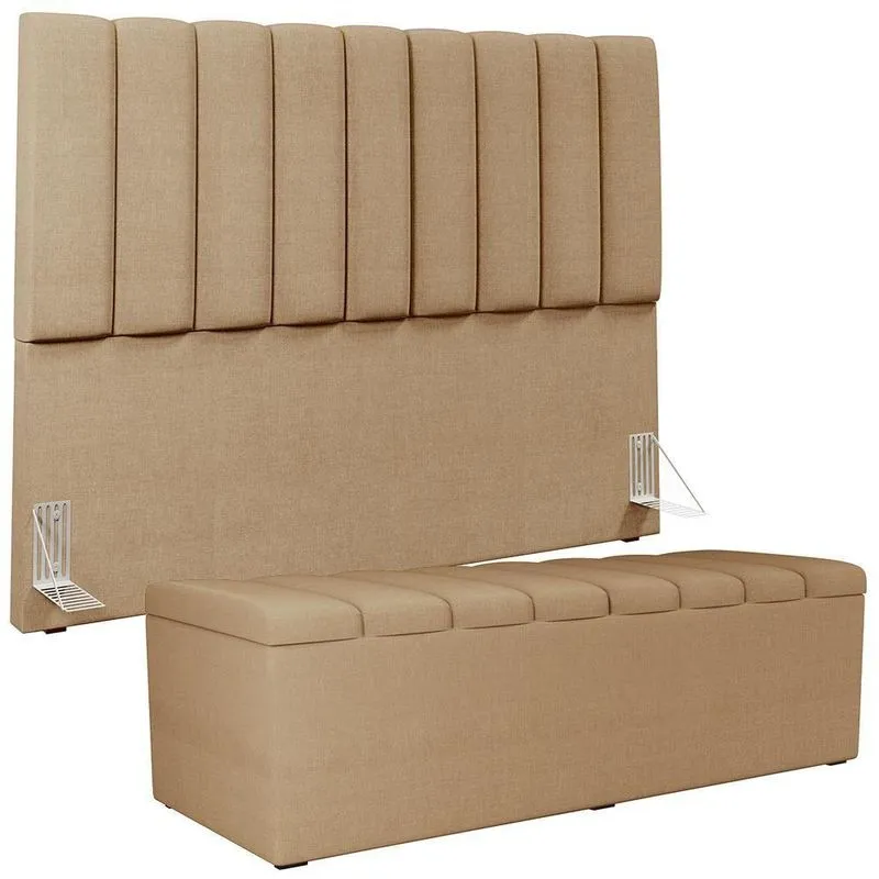 Kit Cabeceira Cama Box Casal King 195cm Com Calçadeira Baú Dália W01 Linho Bege Escuro - Lyam