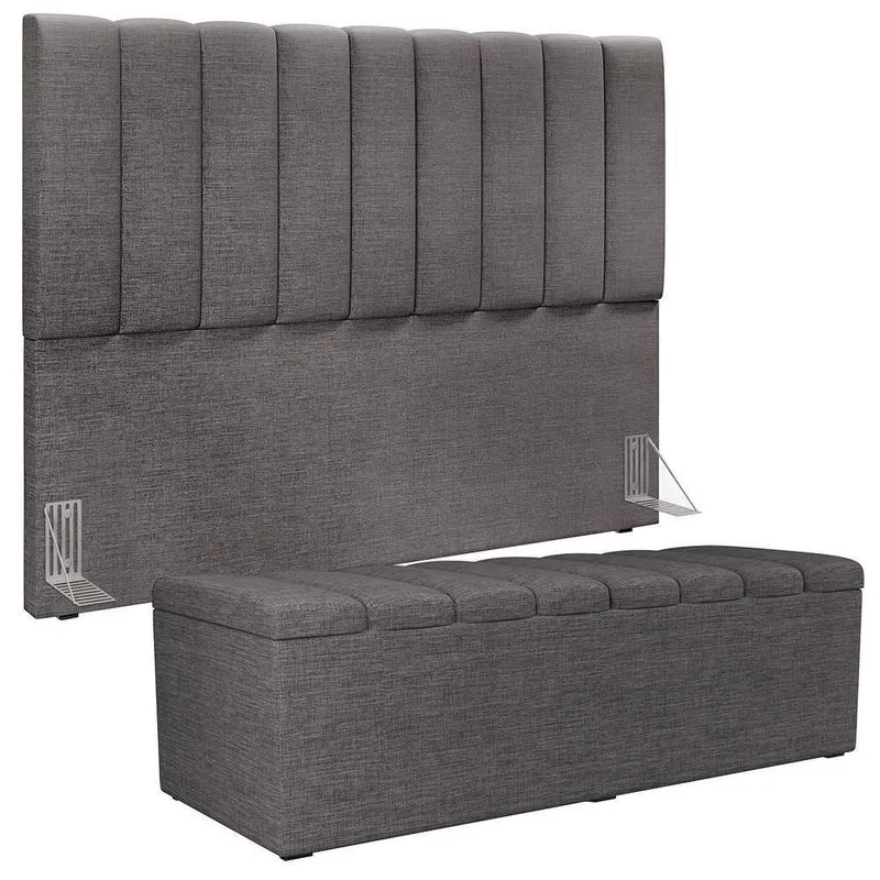 Kit Cabeceira Cama Box Casal King 195cm Com Calçadeira Baú Dália W01 Linho Cinza Escuro - Lyam