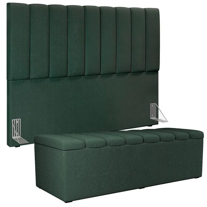 Kit Cabeceira Cama Box Casal King 195cm Com Calçadeira Baú Dália W01 Linho Verde Musgo - Lyam
