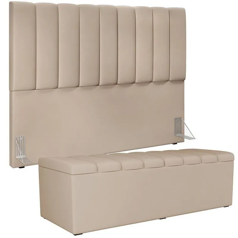 Kit Cabeceira Cama Box Casal King 195cm Com Calçadeira Baú Dália W01 Suede Bege - Lyam