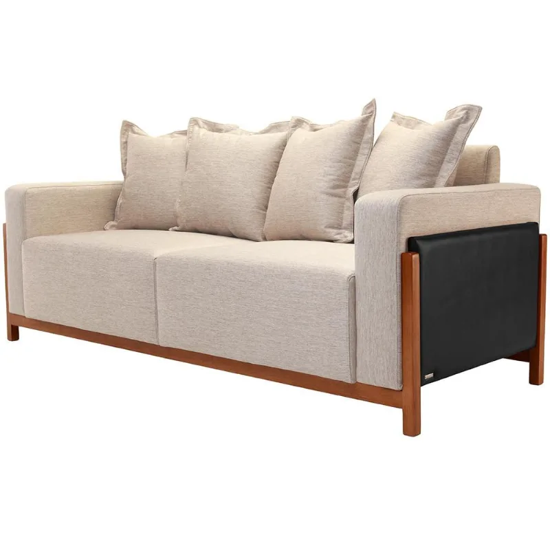 Sofá 03 Lugares Para Sala De Estar 198 cm Khali B04 Linho Bege Couríssimo Preto - Lyam - Lyam Decor