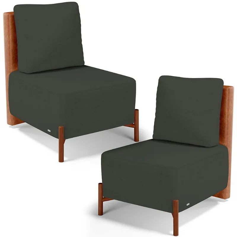 Kit 02 Poltronas Decorativas Sala Estar Living Hungria L02 Couríssimo Camel Linho Verde Musgo - Lyam - Lyam Decor