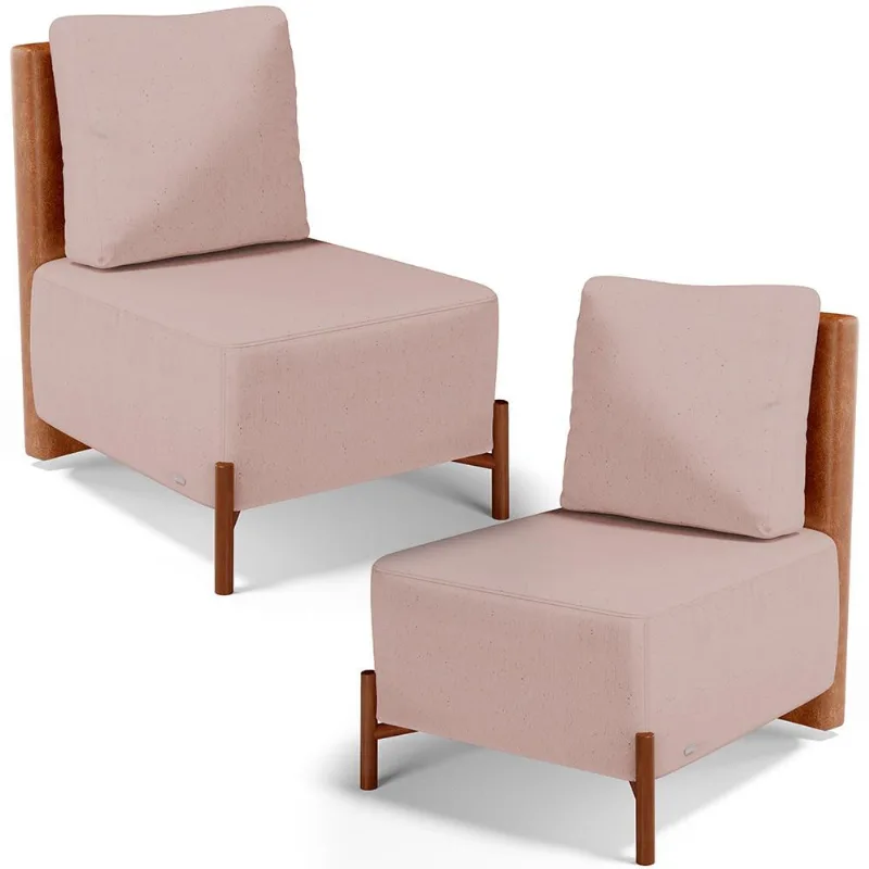 Kit 02 Poltronas Decorativas Sala de Estar Living Hungria L02 Couríssimo Camel Linho Rosê - Lyam - Lyam Decor