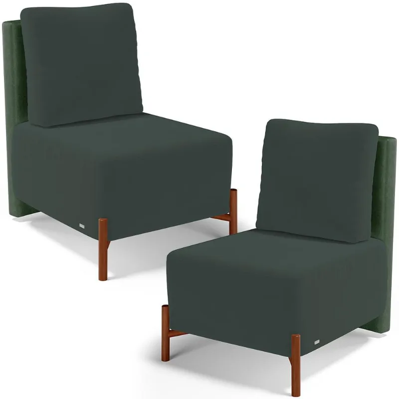 Kit 02 Poltronas Decorativas Sala de Estar Living Pés Madeira Hungria L02 Couríssimo Verde Suede Verde Musgo - Lyam