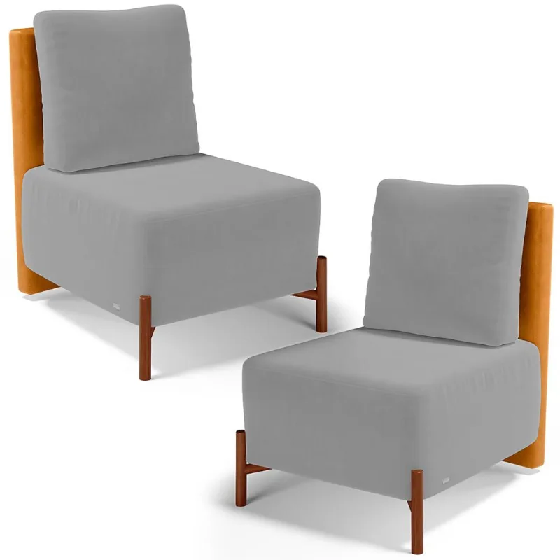 Kit 02 Poltronas Decorativas Sala de Estar Living Hungria L02 Couríssimo Whisky Suede Cinza - Lyam - Lyam Decor