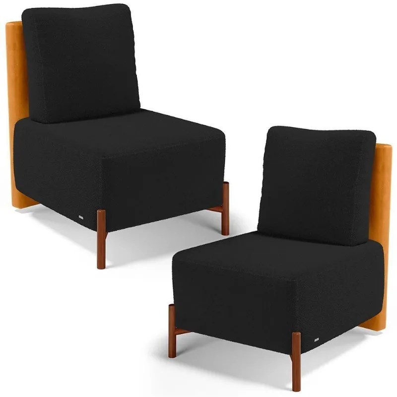 Kit 02 Poltronas Decorativas Sala De Estar Living Hungria L02 Couríssimo Whisky Bouclê Preto - Lyam