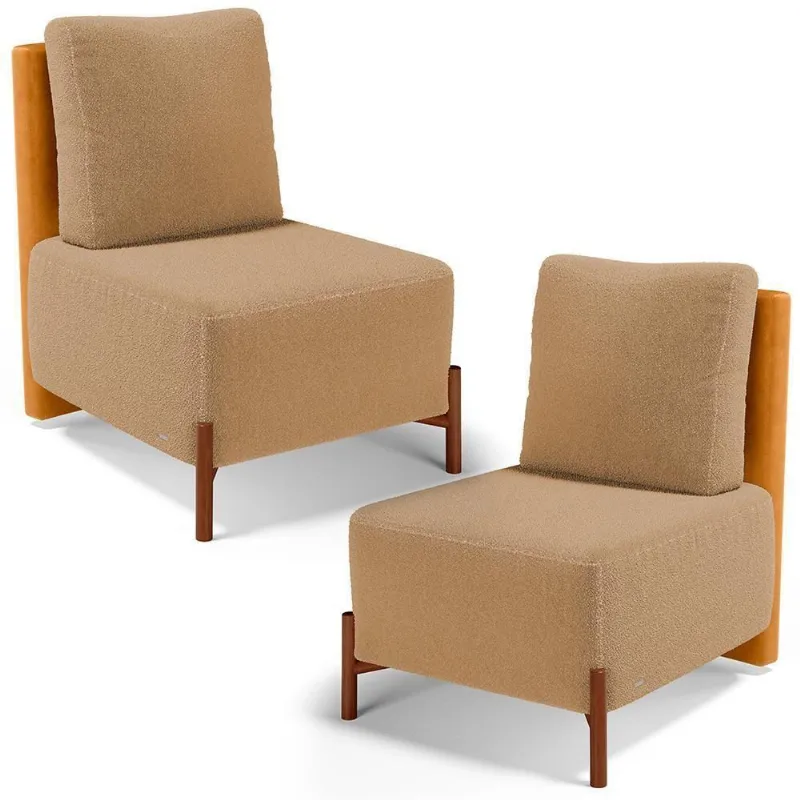 Kit 02 Poltronas Decorativas Sala De Estar Living Pés Madeira Hungria L02 Couríssimo Whisky Bouclê Mostarda - Lyam