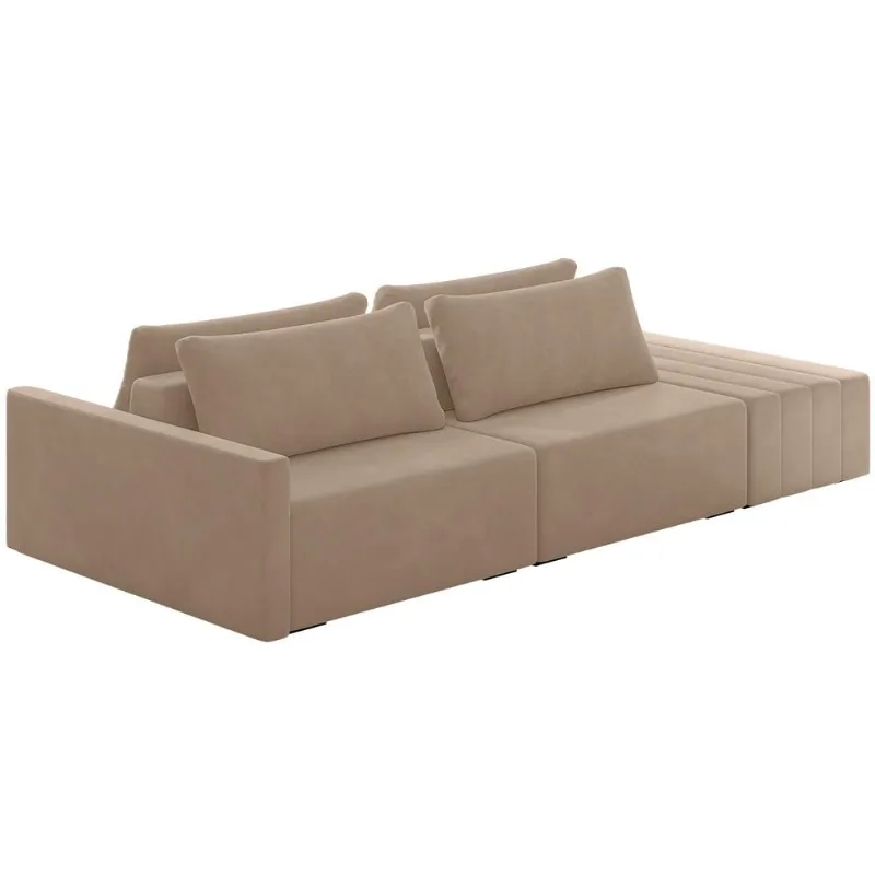 Sofá Ilha Modular para Sala 252cm com Puff Dublin K01 Veludo Bege - Lyam Decor