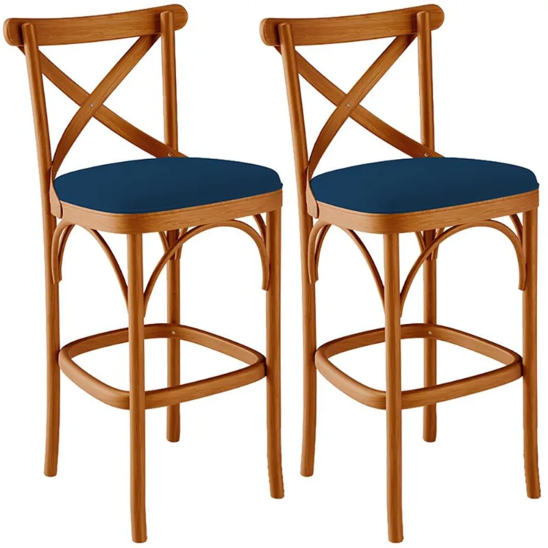 Kit 02 Banquetas Altas Cozinha Bancada Bar Sala Jantar Estofada Ávila L02 Suede Azul Marinho - Lyam - Lyam Decor