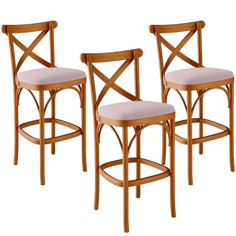 Kit 03 Banquetas Altas Cozinha Bancada Bar Sala de Jantar Estofada Ávila L02 Suede Rosê - Lyam - Lyam Decor