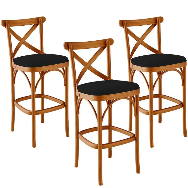 Kit 03 Banquetas Altas Cozinha Bancada Bar Sala de Jantar Estofada Ávila L02 Suede Preto - Lyam