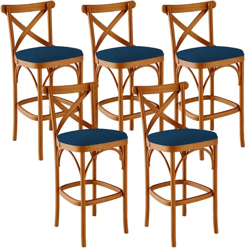 Kit 05 Banquetas Altas Cozinha Bancada Bar Sala Jantar Estofada Ávila L02 Suede Azul Marinho - Lyam - Lyam Decor