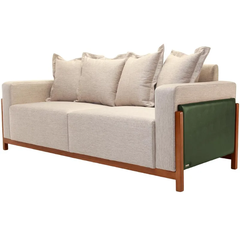 Sofá 03 Lugares Para Sala De Estar 198 cm Khali B04 Linho Bege Couríssimo Verde - Lyam - Lyam Decor