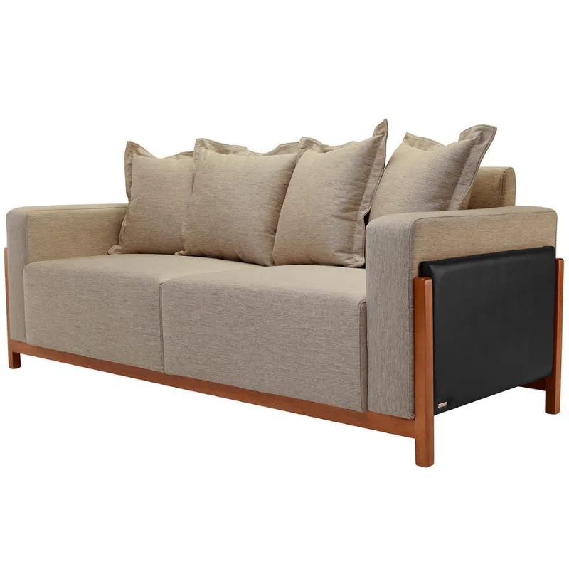 Sofá 04 Lugares Para Sala De Estar 218 cm Khali B04 Linho Bege Escuro Couríssimo Preto - Lyam - Lyam Decor