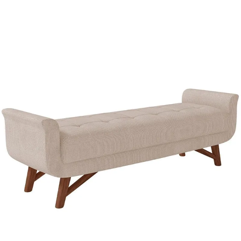 Puff Recamier Decorativo Com Pés Em Madeira 160cm Itália Linho Bege Escuro