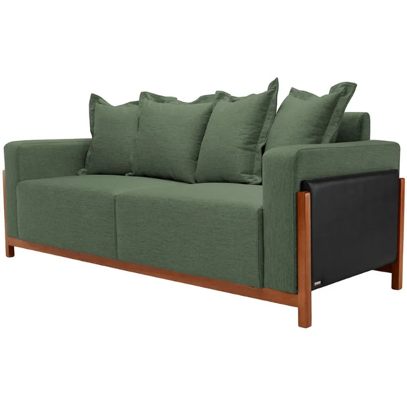 Sofá 03 Lugares Para Sala De Estar 198 cm Khali B04 Linho Verde Couríssimo Preto - Lyam - Lyam Decor