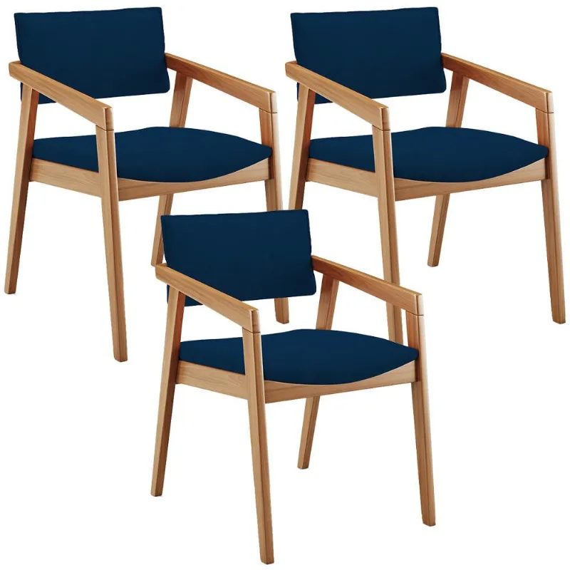 Kit 03 Cadeiras Para Sala de Jantar Estar Living Giorgia L02 Suede Azul Marinho - Lyam Decor - Lyam Decor