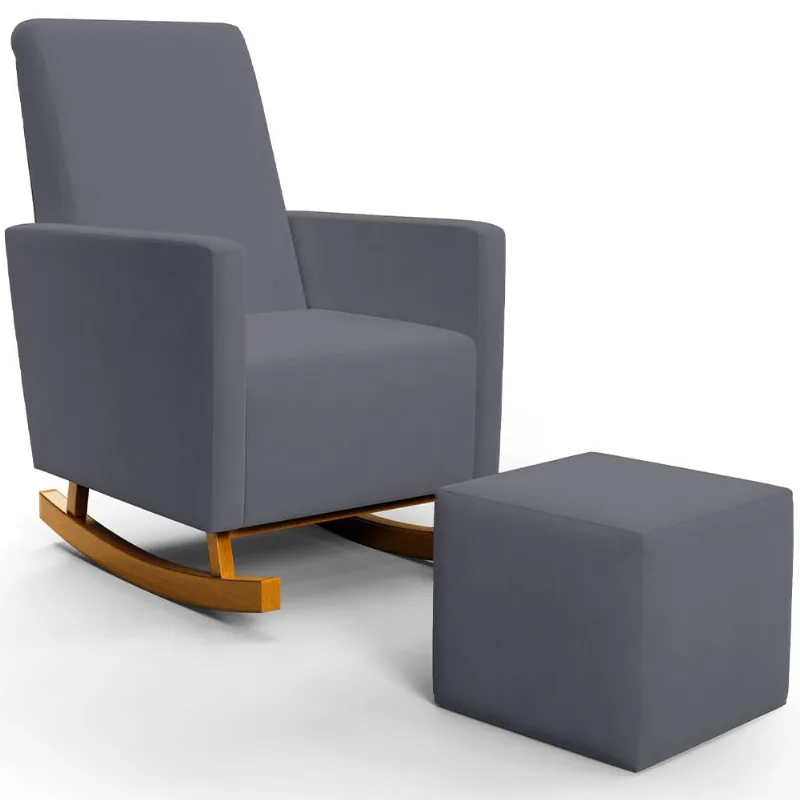 Poltrona de Amamentação com Balanço e Puff Ravena W01 Suede Cinza - Lyam Decor