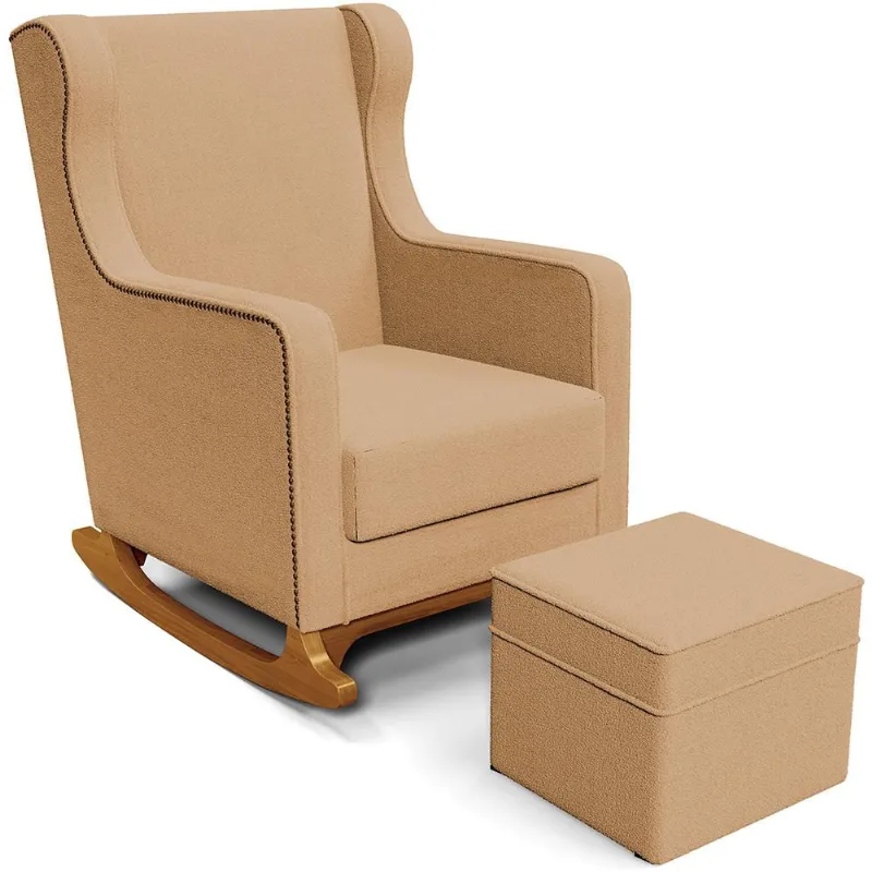 Poltrona de Amamentação com Balanço e Puff Mavie L02 Bouclê Mostarda - Lyam Decor