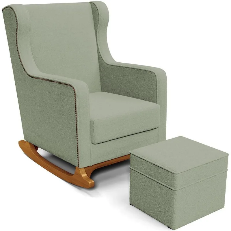 Poltrona De Amamentação Com Balanço E Puff Mavie L02 Bouclê Oliva - Lyam Decor