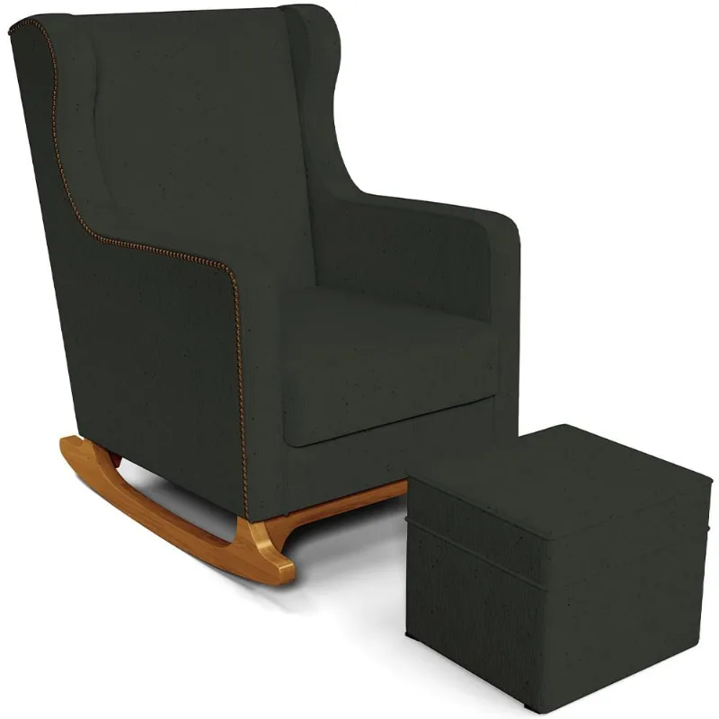 Poltrona de Amamentação com Balanço e Puff Mavie L02 Linho Verde Musgo - Lyam Decor