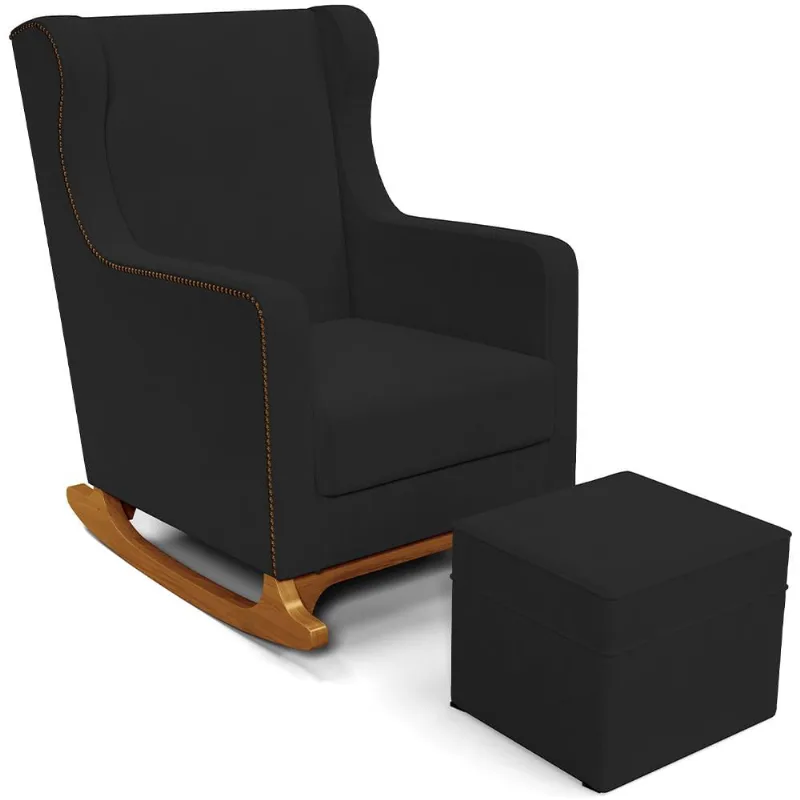 Poltrona de Amamentação com Balanço e Puff Mavie L02 Suede Preto - Lyam Decor