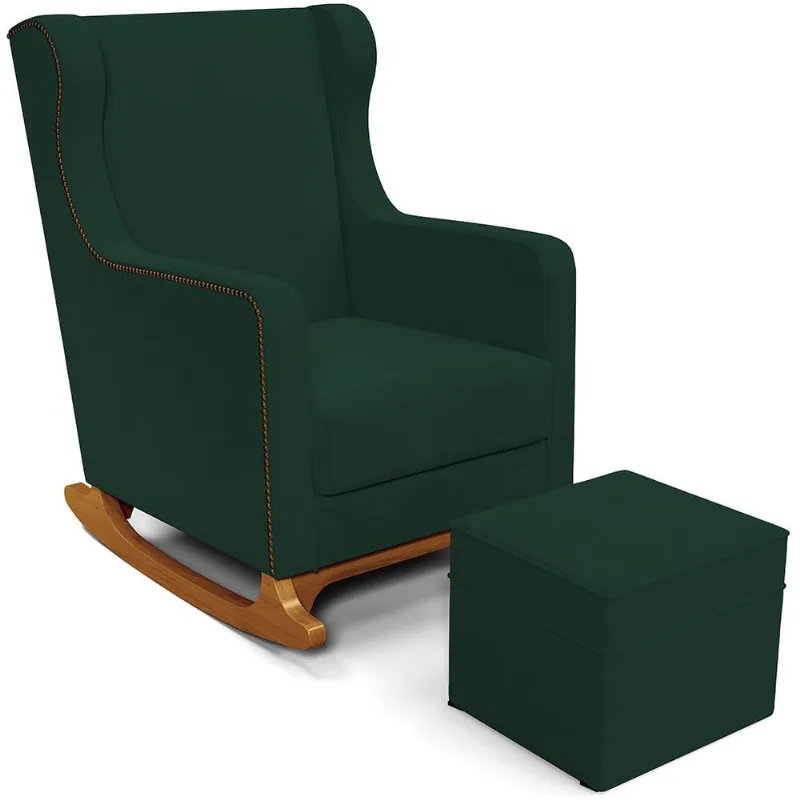 Poltrona de Amamentação com Balanço e Puff Mavie L02 Suede Verde Musgo - Lyam Decor