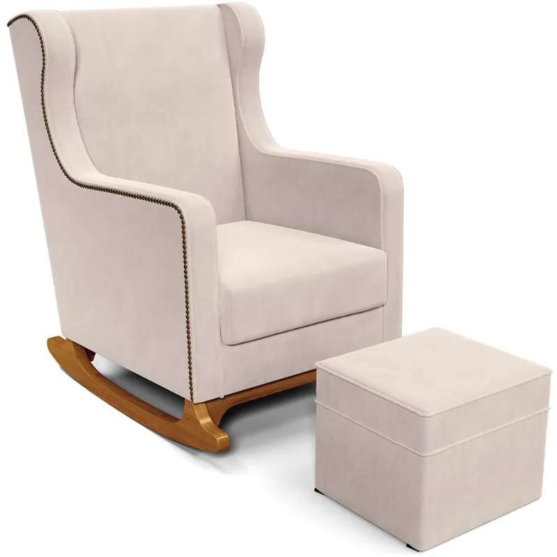 Poltrona de Amamentação com Balanço e Puff Mavie L02 Suede Bege - Lyam Decor